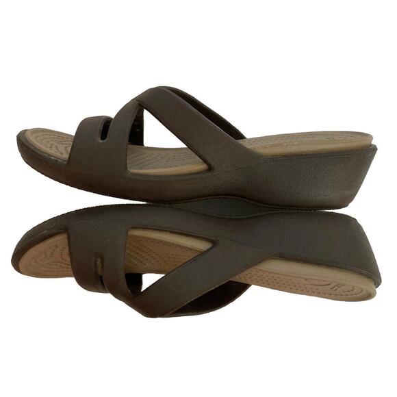 Crocs Patricia II Wedge Slide Sandals Womens 7 Brown Slip On Strappy Shoes - Picture 4 of 10